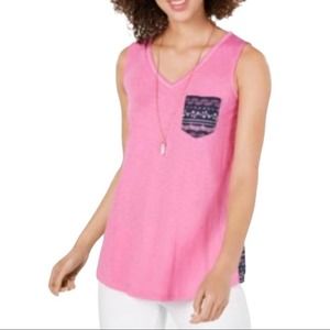 Style & Co Pink Pocketed Embroidered Print Top